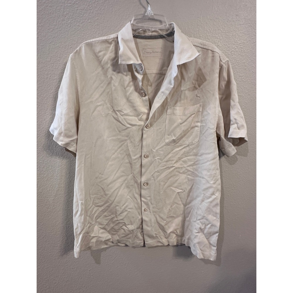 Tommy‎ Bahama Silk Button Up Shirt Short Sleeve Collared Beige Size L
